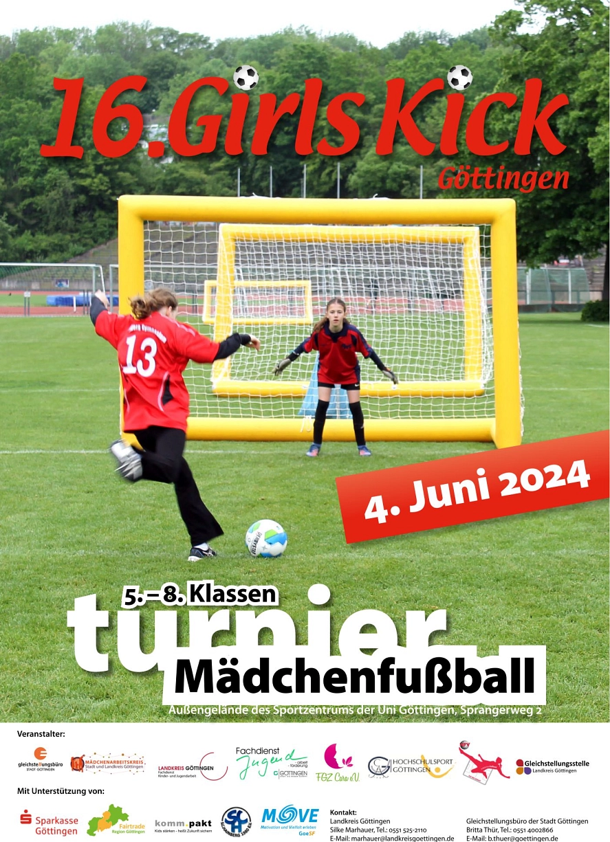Nach dreijähriger Corona-Pause findet das Girls Kick Göttingen, eines der größten Mädchenfußballturniere endlich wieder statt. Teilnehmen können Mädchenteams der Jahrgänge der 5./6. und 7./8. Klasse der Schulen aus Stadt und Landkreis Göttingen.
Das Turnier wird von 10.00 bis 16.00 Uhr auf dem Außengelände des Sportzentrums der Uni Göttingen, Sprangerweg 2 ausgetragen.&nbsp;&copy;&nbsp;https://gleichstellung.goettingen.de/16-girls-kick-goettingen/