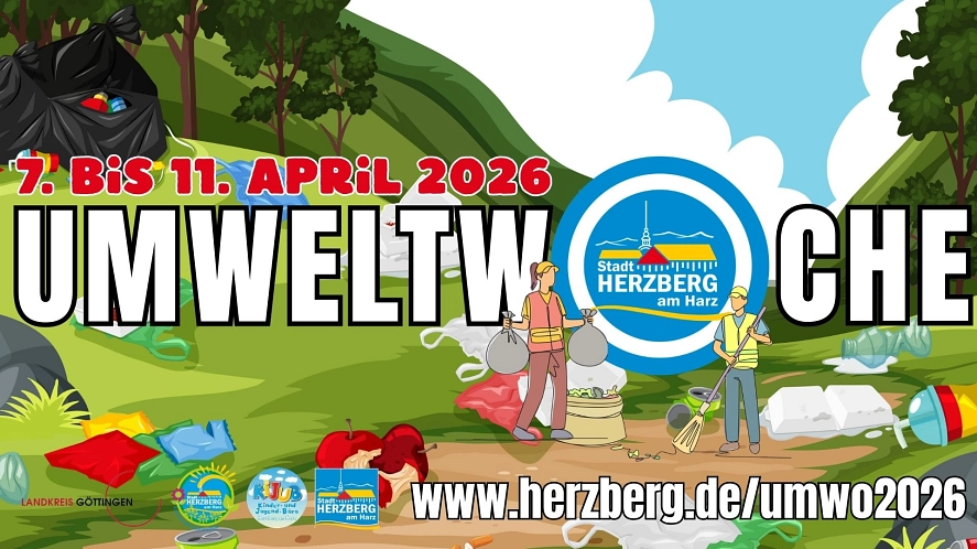 Banner Umweltwoche 2026 In der Umweltwoche soll fleißig dort Müll eingesammelt werden, wo am meisten davon in offener Landschaft liegt: an beliebten Spazierwegen, in städtischen Parks und vor allem in der Nähe von Gewässern und in Waldstücken.
Es wäre toll, wenn Gruppen sich einen bestimmten Sammelbereich auswählen und dieses über die Website www.herzberg.de/umwo2026 melden, damit die Stadt Herzberg am Harz die Sammelaktionen bestmöglich koordinieren kann.
Handschuhe, Müllsäcke und Müllgreifer können nach der Online-Anmeldung in der Tourist-Information am Marktplatz abgeholt werden. Für Schulen und Kindergärten gilt außerdem: Wir bringen euch Müllsammelutensilien vorbei und holen volle Müllsäcke später wieder bei euch ab.
Am Freitag, den 10. April. ist dann der eigentliche Umwelttag. Dazu sind alle Müllsammelnden herzlich von 15-17 Uhr zu einen Imbiss in den Domeyerpark eingeladen. Es wird Informationsangebote rund um Umweltschutz, eine Pflanzentauschbörse, eine Spielzeugtauschbörse sowie Kinderspielangebote und vor allem ganz viel Spaß geben. © Stadt Herzberg am Harz