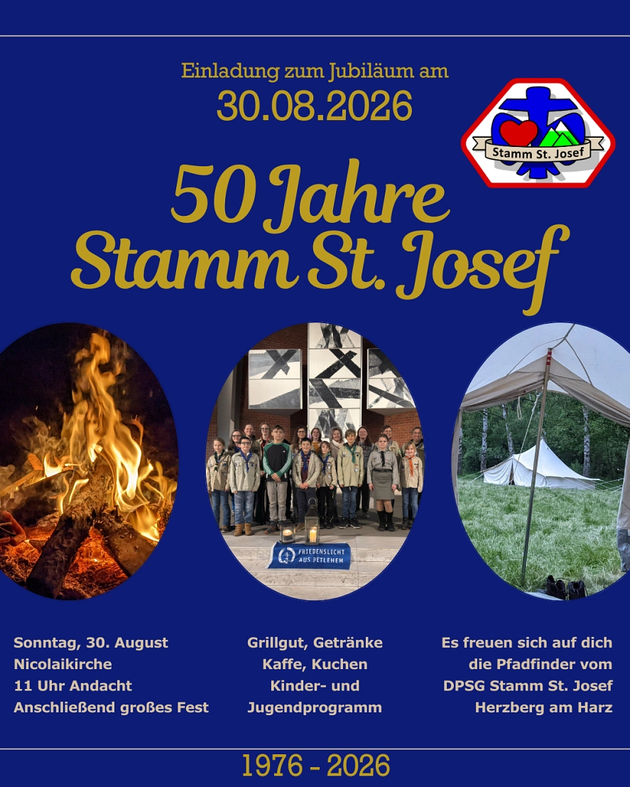 Einladung Jubiläum 50 Jahre DPSG Stamm St. Josef Herzberg am Harz am 30.08.26 ab 11 Uhr an der Nicolaikirche&nbsp;&copy;&nbsp;DPSG Stamm St. Josef Herzberg am Harz