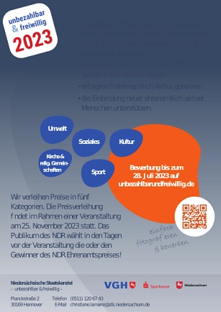 Flyer S02 Der "Niedersachsenpreis für Bürgerengagement" unter dem Motto "unbezahlbar & freiwillig" geht in eine neue Runde! © VGH Versicherungen