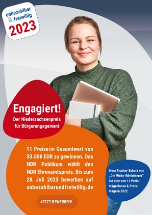 Flyer Seite 1 Der "Niedersachsenpreis für Bürgerengagement" unter dem Motto "unbezahlbar & freiwillig" geht in eine neue Runde! © VGH Versicherungen