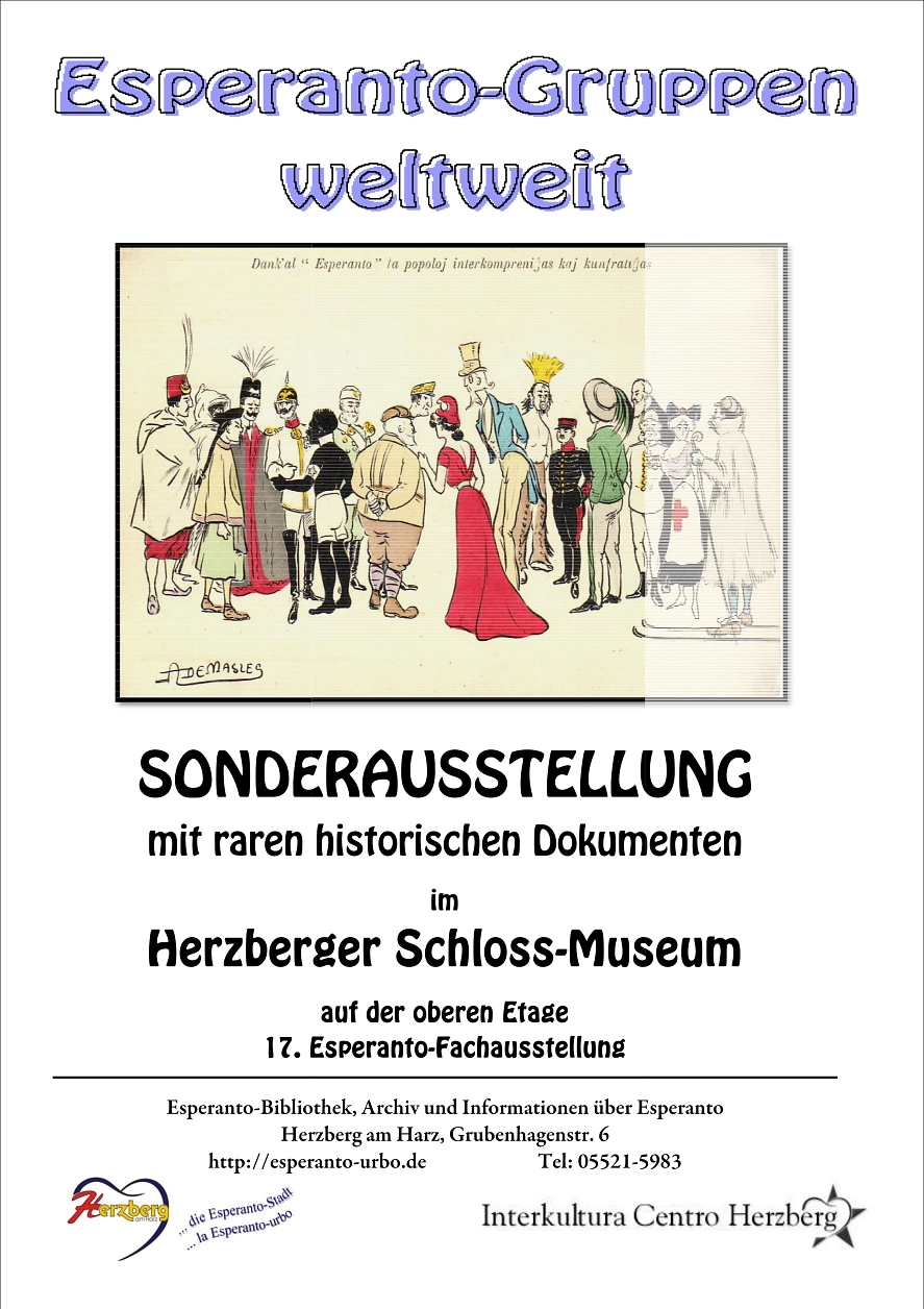 Eine historische mehrfarbige Künstlerkarte präsentiert den weltweiten Kommunikationsgedanken mit der gemeinsamen neutralen Zweitsprache Esperanto für eine gerechtere und unmittelbare Verständigung über Ländergrenzen, usw. hinweg. Diese ausdrucksstarke Kün&nbsp;&copy;&nbsp;Germana Esperanto-Centro/Interkultura Centro Herzberg