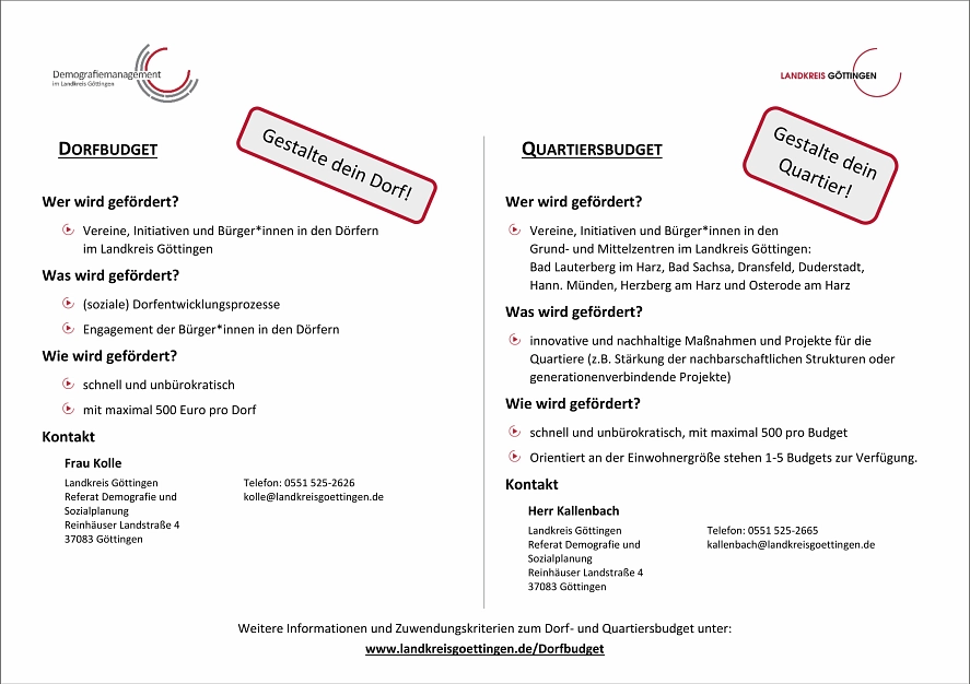 Infoblatt Quartiersbudget und Dorfbudget Infoblatt Quartiersbudget und Dorfbudget © Landkreis Göttingen