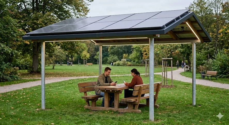 Solar-Treffpunkt (Symbolbild KI-generiert) So stellt sich der Jugendrat der Stadt Herzberg am Harz modere Solar-Treffpunkte vor. Mit freien WLAN und PV-Strom. © Stadt Herzberg am Harz