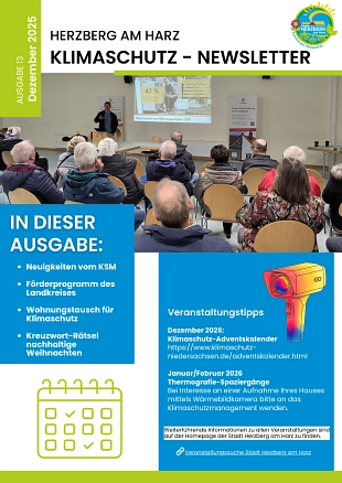 Titelseite Klimaschutz-Newsletter 13 Dezember 2025 Ein Foto einer Info-Veranstaltung, Inhaltsangabe und Veranstaltungseinladungen des Klimaschutz-Newsletter 13 Dezember 2025 © Stadt Herzberg am Harz