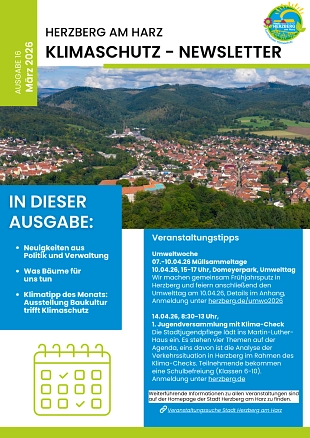 Titelseite Klimaschutz-Newsletter 16 März 2026 Titelseite Klimaschutz-Newsletter 16 März 2026 mit Inhaltsangabe und Veranstaltungsankündigung © Stadt Herzberg am Harz