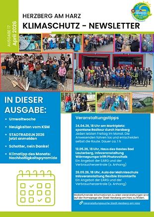 Titelseite Klimaschutz-Newsletter 17 April 2026 Titelseite Klimaschutz-Newsletter 17 April 2026 mit Collage von verschiedenen Müllsammelgruppen © Stadt Herzberg am Harz