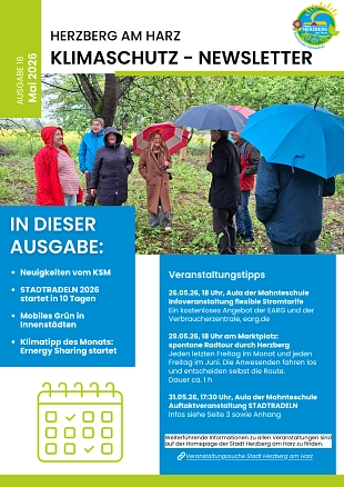 Titelseite Klimaschutz-Newsletter 18 Mai 2026 Auf der Titelseite des Klimaschutz-Newsletter 18 Mai 2026 sind fröhliche Menschen auf einer Streuobstwiese zu sehen. Der Inhalt des Newsletters und Termine werden angekündigt. © Stadt Herzberg am Harz