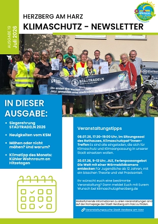 Titelseite Klimaschutz-Newsletter 19 Juni 2026 Auf der Titelseite des Klimaschutz-Newsletter 19 aus Juni 2026 sind Menschen bei der Siegerehrung des STADTRADELN zu sehen. Zudem sind der Inhalt des Newsletters und kommende Termine aufgeführt. © Stadt Herzberg am Harz