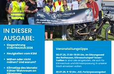 Auf der Titelseite des Klimaschutz-Newsletter 19 aus Juni 2026 sind Menschen bei der Siegerehrung des STADTRADELN zu sehen. Zudem sind der Inhalt des Newsletters und kommende Termine aufgeführt.