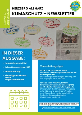 Die Titelseite des Klimaschutz-Newsletter 20 August 2026 mit Inhaltsverzeichnis und Veranstaltungsankündigungen&nbsp;&copy;&nbsp;Stadt Herzberg am Harz