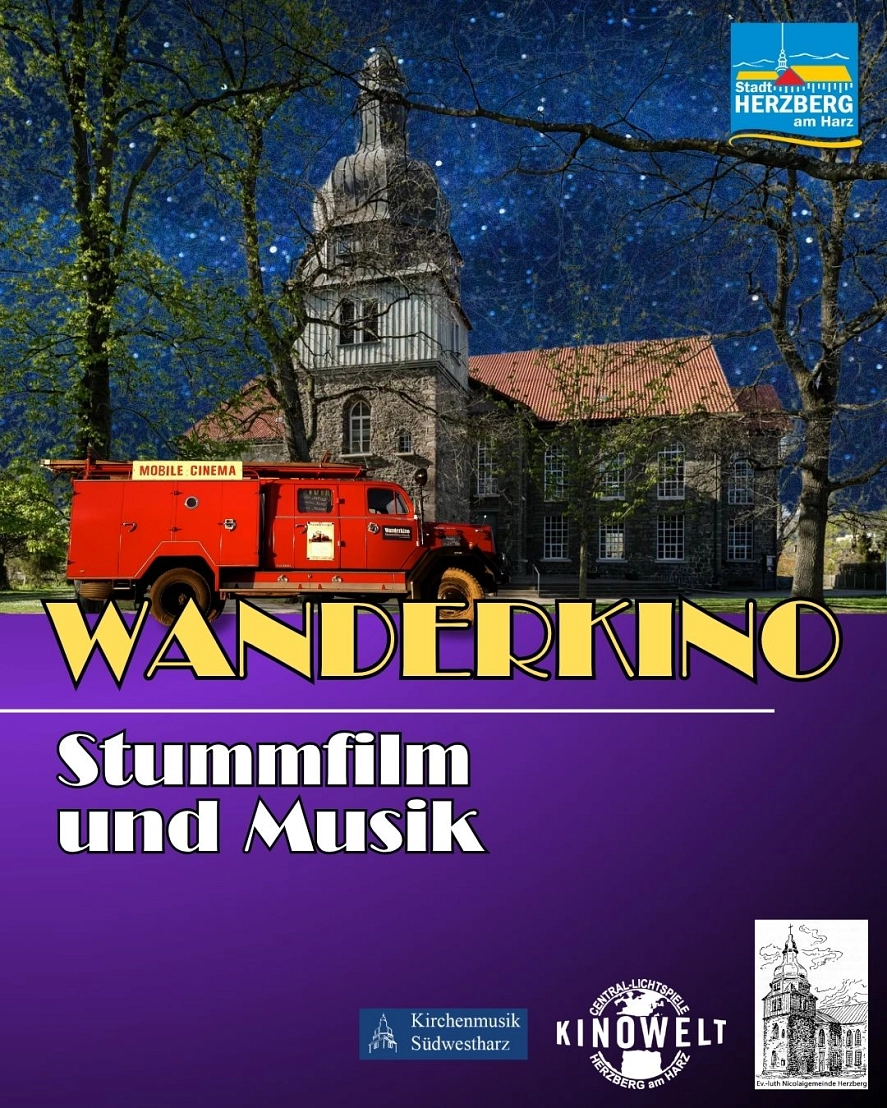 Wanderkino - Kino auf den Stufen Das WANDERKINO ist ein mobiles Kino. Mit historischer 16mm-Vorführtechnik werden Stummfilme unterschiedlicher Genre projiziert: Slapstick-, Monumental- und Experimentalfilme. Alle Filme werden musikalisch live in unterschiedlicher Instrumentierung begleitet. © Stadt Herzberg am Harz