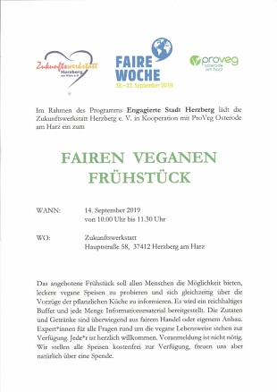 Zukunftswerkstatt lädt zum Fairen Vegangen Frühstück - Plakat Zukunftswerkstatt lädt zum Fairen Vegangen Frühstück © Zukunftswerkstatt Herzberg e.V